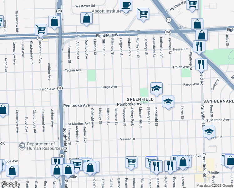 map of restaurants, bars, coffee shops, grocery stores, and more near 19944 Biltmore in Detroit