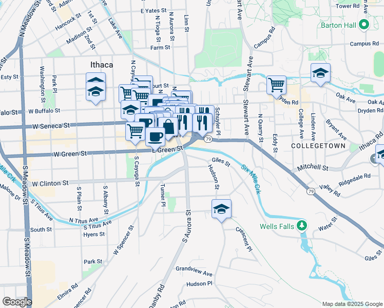 map of restaurants, bars, coffee shops, grocery stores, and more near 107-09 Hudson Street in Ithaca