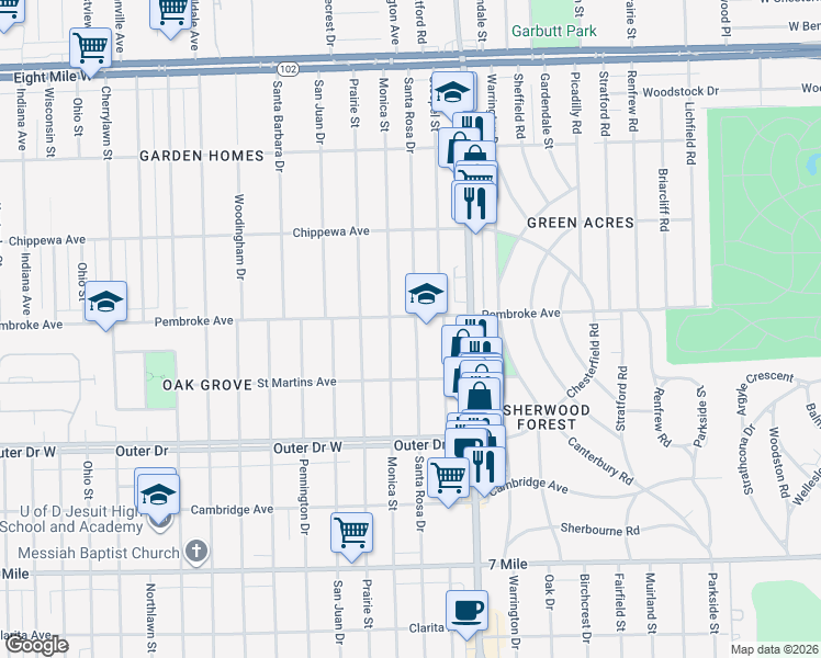 map of restaurants, bars, coffee shops, grocery stores, and more near 19811 Stoepel Street in Detroit