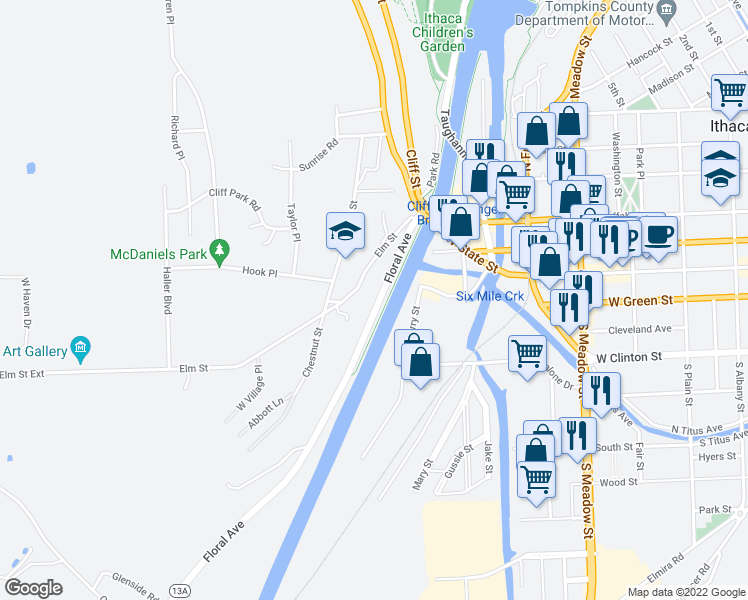 map of restaurants, bars, coffee shops, grocery stores, and more near 236 Floral Avenue in Ithaca