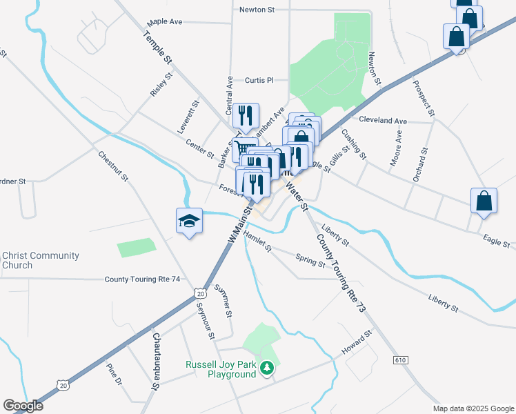 map of restaurants, bars, coffee shops, grocery stores, and more near 32 Canadaway Street in Fredonia