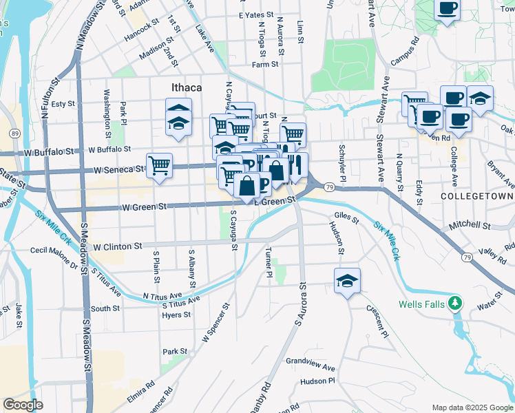 map of restaurants, bars, coffee shops, grocery stores, and more near 131-135 West Green Street in Ithaca
