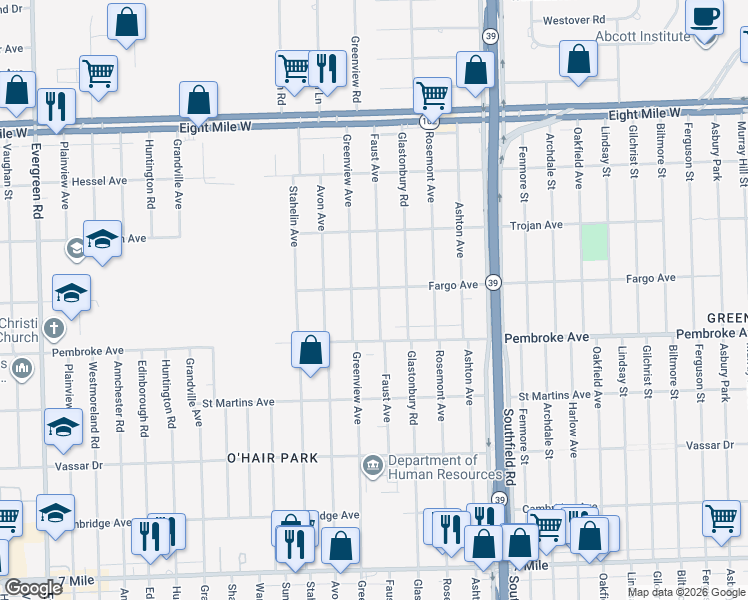 map of restaurants, bars, coffee shops, grocery stores, and more near 19957 Faust Avenue in Detroit