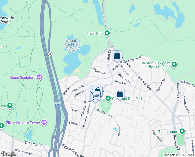 map of restaurants, bars, coffee shops, grocery stores, and more near 158 Walsh Street in Medford