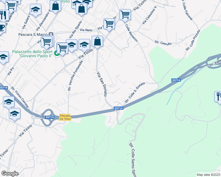 map of restaurants, bars, coffee shops, grocery stores, and more near Strada Colle San Donato in Pescara