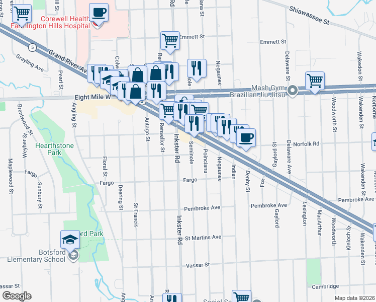map of restaurants, bars, coffee shops, grocery stores, and more near 20411 Seminole in Redford Charter Township