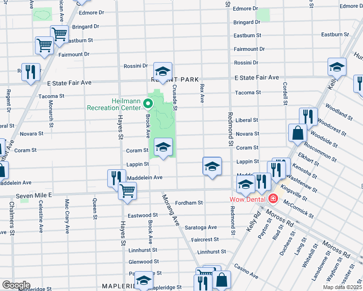 map of restaurants, bars, coffee shops, grocery stores, and more near 15604 Coram Street in Detroit