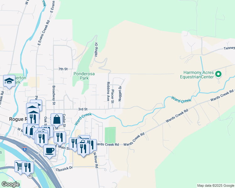 map of restaurants, bars, coffee shops, grocery stores, and more near 408 Nugget Drive in Rogue River
