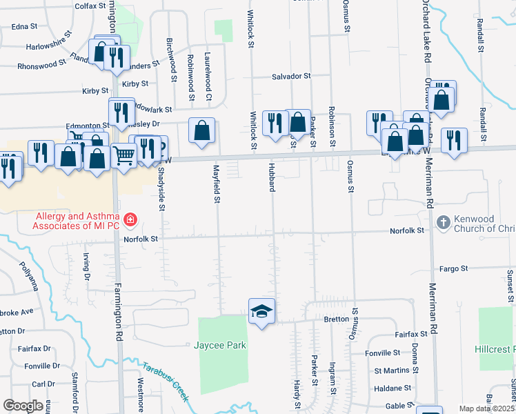 map of restaurants, bars, coffee shops, grocery stores, and more near 32488 Norfolk Street in Livonia