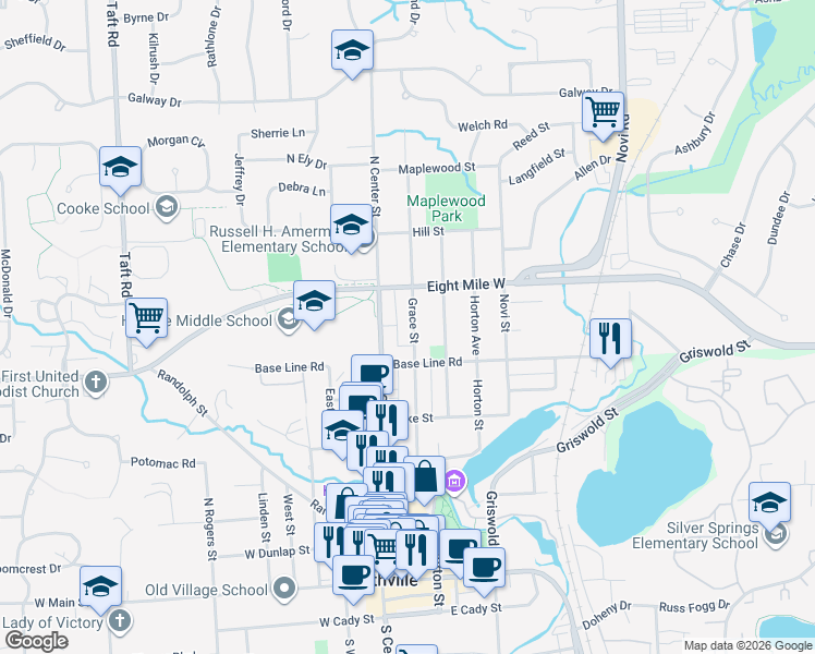 map of restaurants, bars, coffee shops, grocery stores, and more near 741 Grace Street in Northville