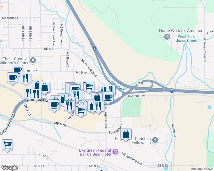 map of restaurants, bars, coffee shops, grocery stores, and more near 2175 Northeast Fairview Avenue in Grants Pass