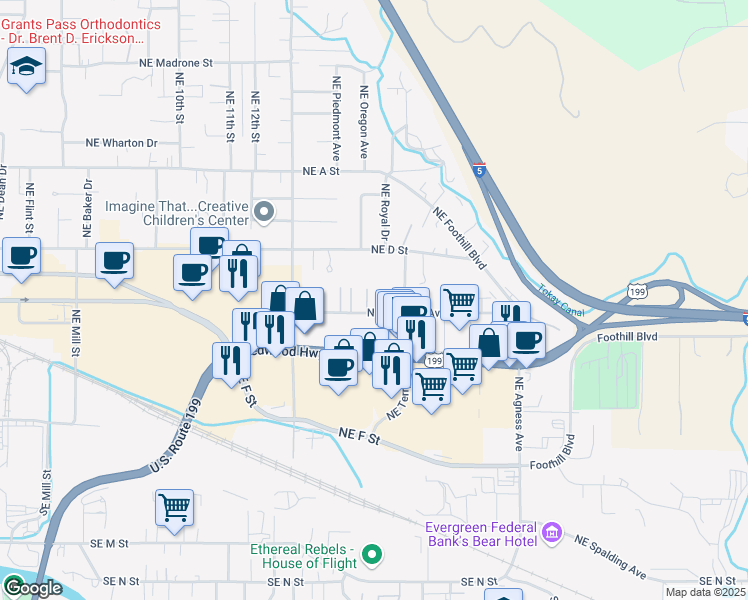 map of restaurants, bars, coffee shops, grocery stores, and more near 1817 Northeast Fairview Avenue in Grants Pass