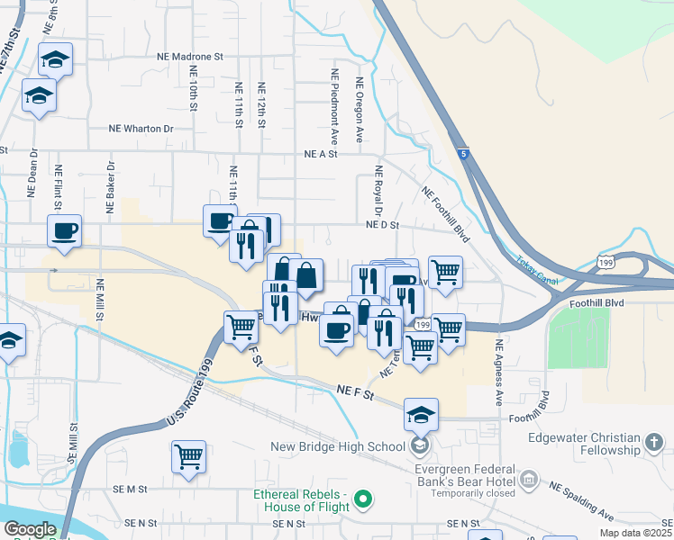 map of restaurants, bars, coffee shops, grocery stores, and more near 229 Northeast Beacon Drive in Grants Pass