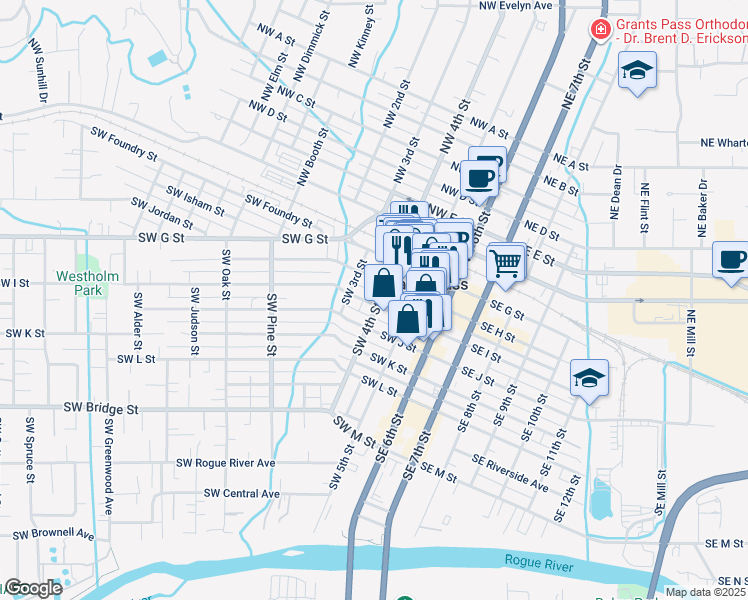 map of restaurants, bars, coffee shops, grocery stores, and more near 231 Southwest I Street in Grants Pass