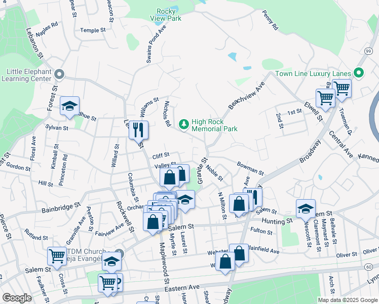 map of restaurants, bars, coffee shops, grocery stores, and more near 86 Valley Street in Malden