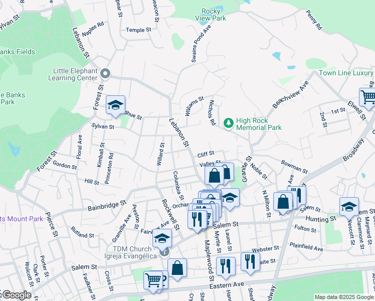 map of restaurants, bars, coffee shops, grocery stores, and more near 254 Lebanon Street in Malden