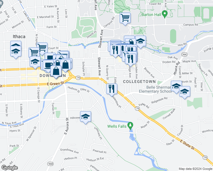map of restaurants, bars, coffee shops, grocery stores, and more near 707 East State Street in Ithaca
