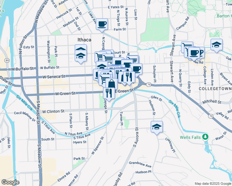 map of restaurants, bars, coffee shops, grocery stores, and more near 131-135 West Green Street in Ithaca