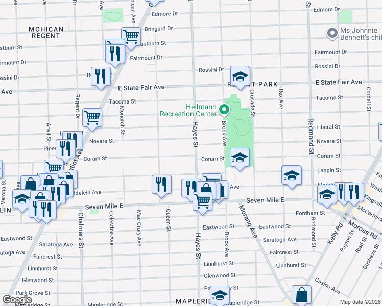 map of restaurants, bars, coffee shops, grocery stores, and more near 15000 Coram Street in Detroit
