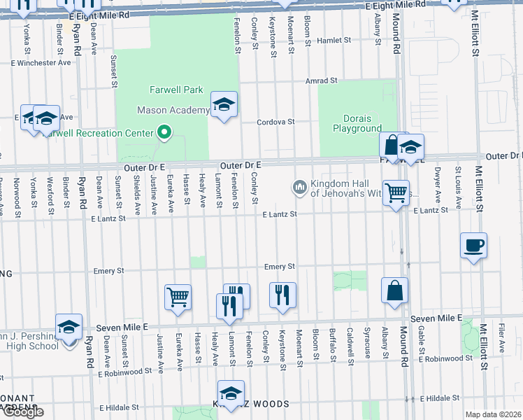 map of restaurants, bars, coffee shops, grocery stores, and more near 19445 Keystone Street in Detroit