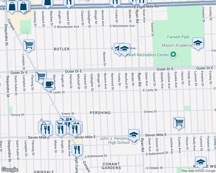 map of restaurants, bars, coffee shops, grocery stores, and more near 19603 Revere Street in Detroit