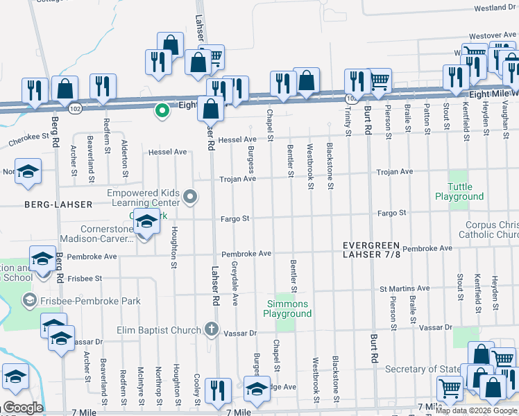 map of restaurants, bars, coffee shops, grocery stores, and more near 19960 Burgess in Detroit