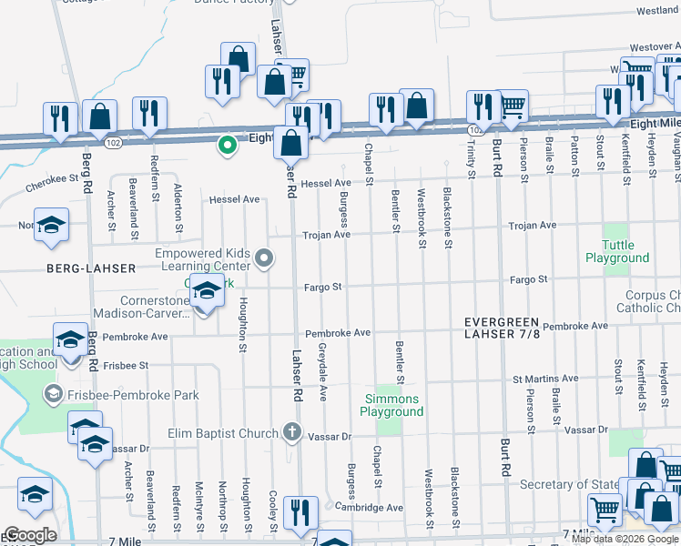 map of restaurants, bars, coffee shops, grocery stores, and more near 19960 Burgess in Detroit