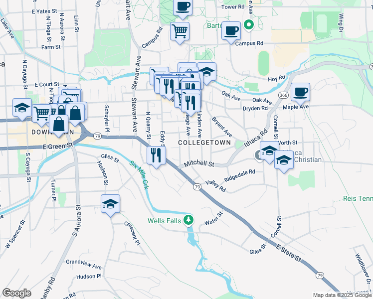 map of restaurants, bars, coffee shops, grocery stores, and more near 118 College Avenue in Ithaca