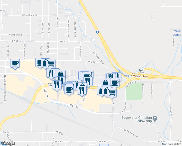 map of restaurants, bars, coffee shops, grocery stores, and more near 1876 Northeast Fairview Avenue in Grants Pass