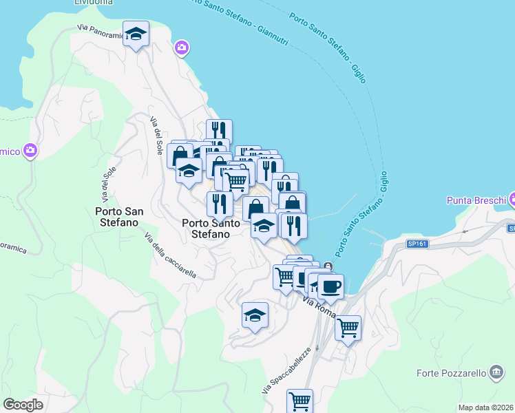 map of restaurants, bars, coffee shops, grocery stores, and more near 93 Via Panoramica in Porto Santo Stefano