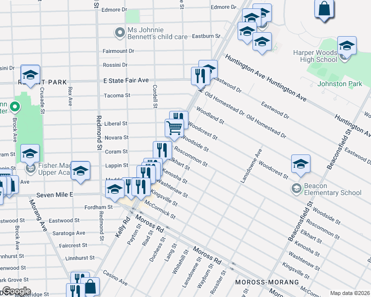 map of restaurants, bars, coffee shops, grocery stores, and more near 18572 Roscommon Street in Harper Woods