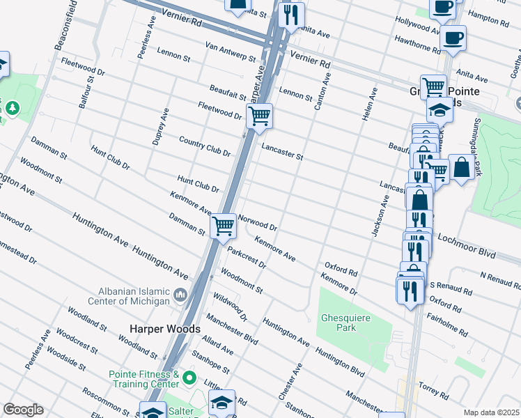 map of restaurants, bars, coffee shops, grocery stores, and more near 20878 Hunt Club Drive in Harper Woods