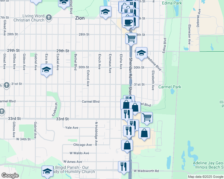 map of restaurants, bars, coffee shops, grocery stores, and more near 3107 Emmaus Avenue in Zion