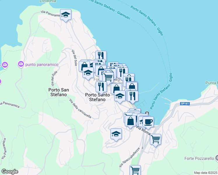 map of restaurants, bars, coffee shops, grocery stores, and more near 8 Via del Mandorlo in Porto Santo Stefano