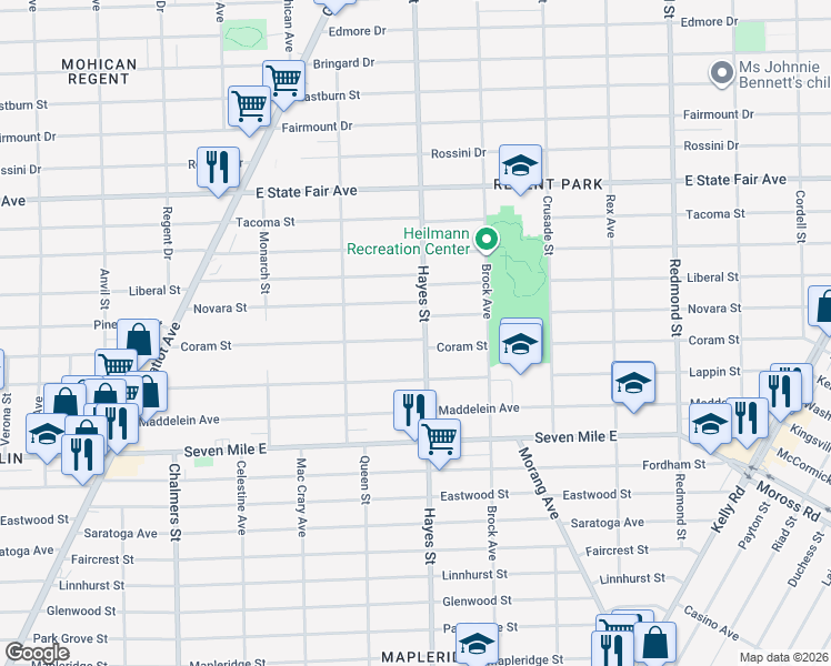 map of restaurants, bars, coffee shops, grocery stores, and more near 15000 Coram Street in Detroit