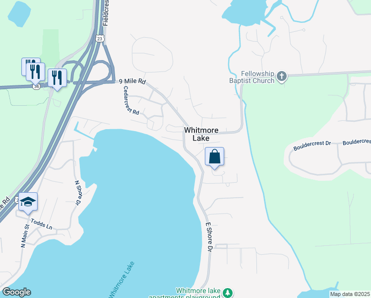 map of restaurants, bars, coffee shops, grocery stores, and more near 11283 East Shore Drive in Whitmore Lake