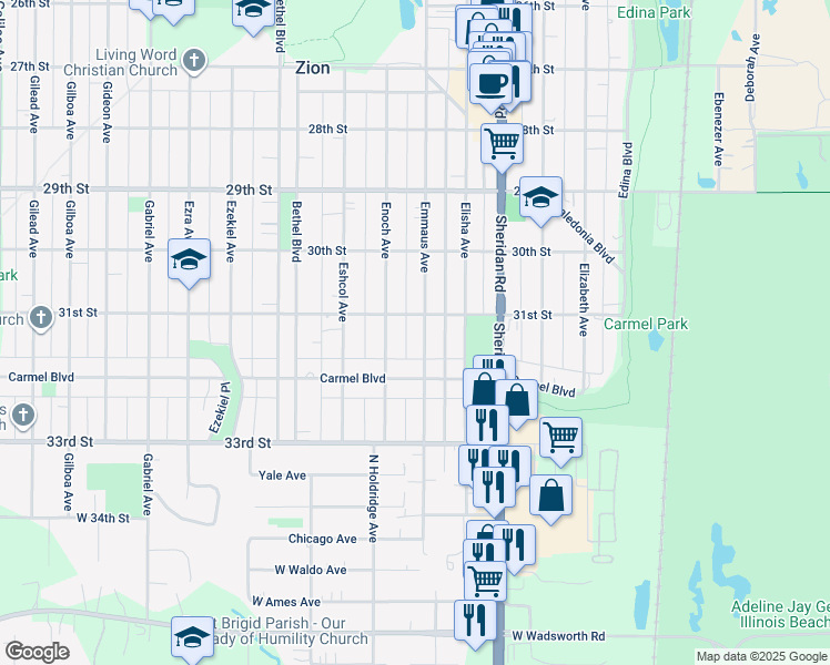 map of restaurants, bars, coffee shops, grocery stores, and more near 3115 Enoch Avenue in Zion