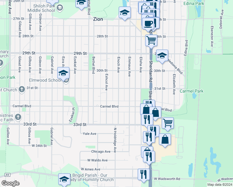 map of restaurants, bars, coffee shops, grocery stores, and more near 3106 Enoch Avenue in Zion