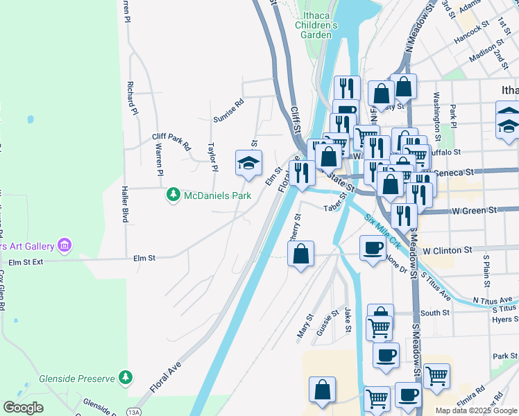 map of restaurants, bars, coffee shops, grocery stores, and more near 246 Floral Avenue in Ithaca