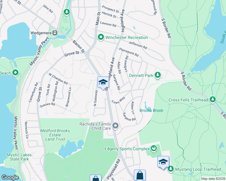 map of restaurants, bars, coffee shops, grocery stores, and more near 45 Sargent Road in Winchester