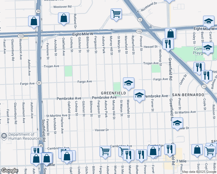 map of restaurants, bars, coffee shops, grocery stores, and more near 19920 Asbury Park in Detroit