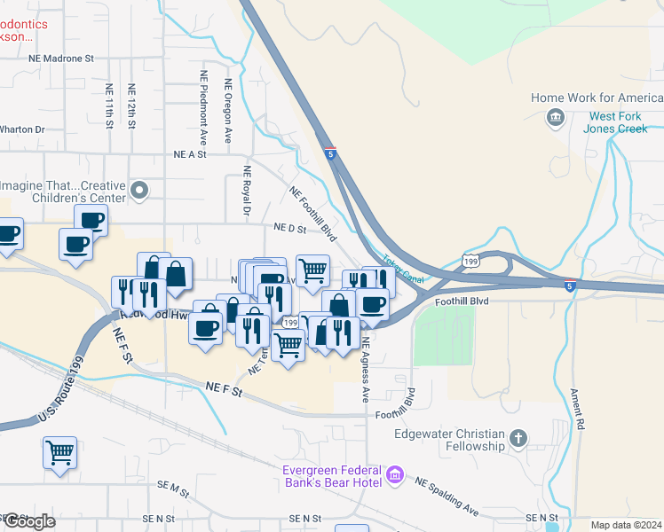 map of restaurants, bars, coffee shops, grocery stores, and more near 2081-2101 Northeast Fairview Avenue in Grants Pass