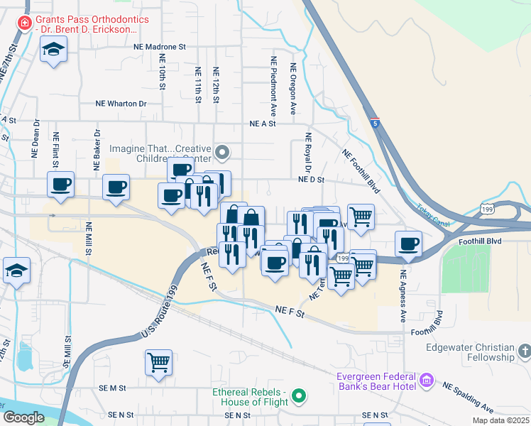 map of restaurants, bars, coffee shops, grocery stores, and more near 229 Northeast Beacon Drive in Grants Pass