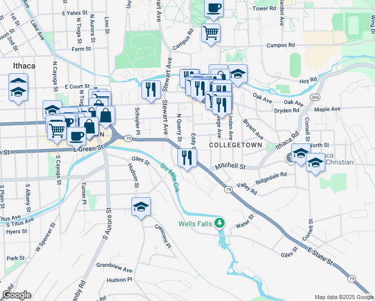 map of restaurants, bars, coffee shops, grocery stores, and more near 707 East State Street in Ithaca