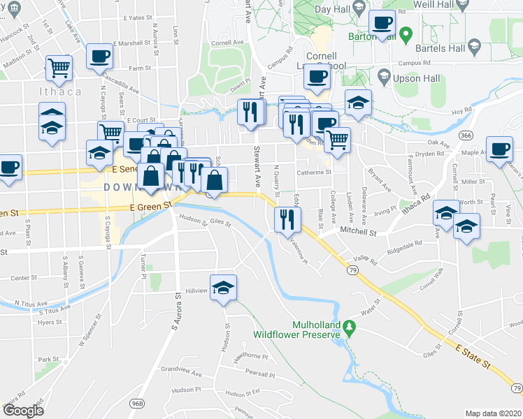 map of restaurants, bars, coffee shops, grocery stores, and more near 114 Ferris Place in Ithaca