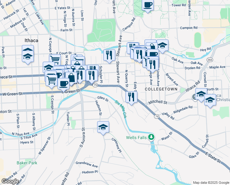 map of restaurants, bars, coffee shops, grocery stores, and more near 114 Ferris Place in Ithaca