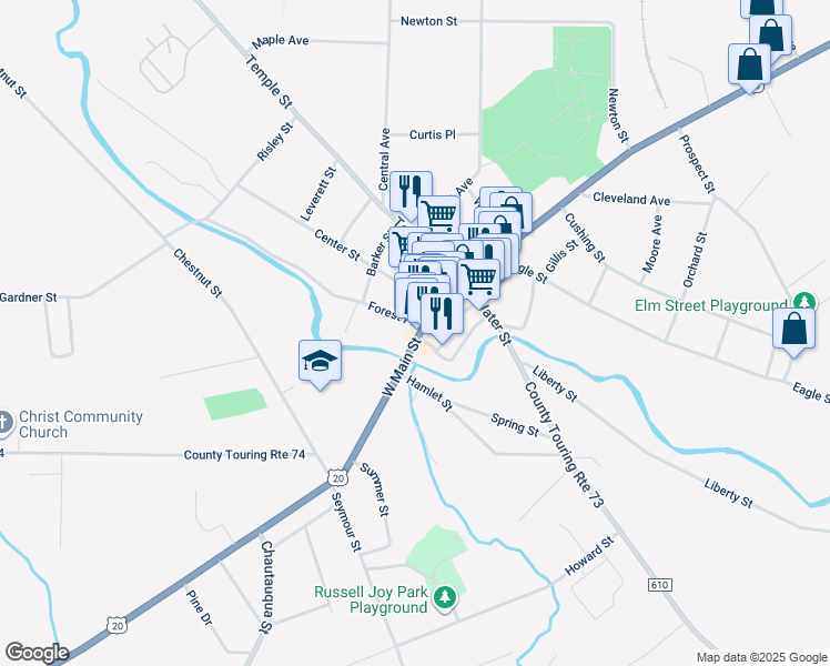 map of restaurants, bars, coffee shops, grocery stores, and more near 85 West Main Street in Fredonia