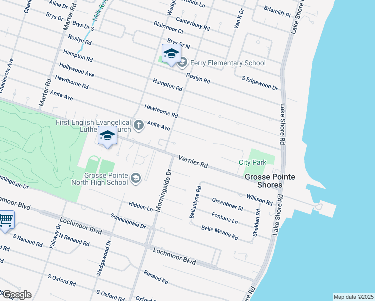 map of restaurants, bars, coffee shops, grocery stores, and more near 563 Vernier Road in Grosse Pointe Woods
