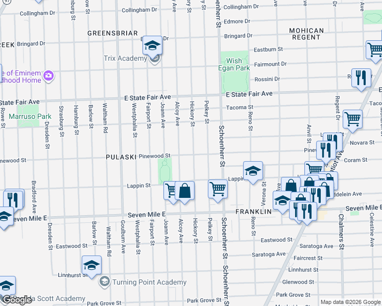 map of restaurants, bars, coffee shops, grocery stores, and more near 19374 Hickory Street in Detroit
