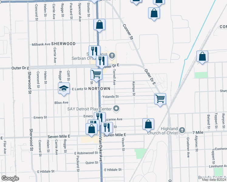 map of restaurants, bars, coffee shops, grocery stores, and more near 8107 Yolanda Street in Detroit